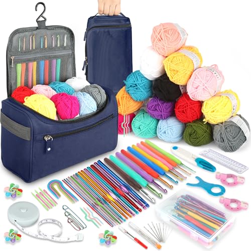 BBWELL Kit Uncinetto Principianti,set di uncinetti con 15 lana,Kit Principianti,accessori all'uncinetto,uncinetti ergonomici con manico morbido e ago in metallo, 2,0 – 10 mm, pratici-Blu