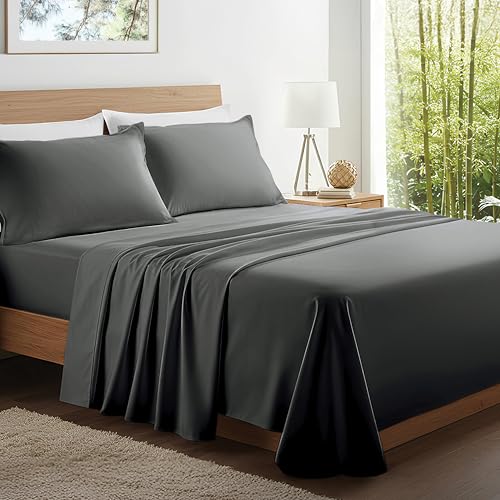 Kickoff Viscose Bamboo Sheets Full Size 4-pc 100% Organic Bamboo Viscose Bed Cooling Sheets Full Size Set Cool Bedding for hot Sleepers Sheet, Flat, Fitted, Pillowcases (Pewter, F)