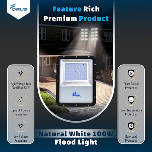 Image of Forus 100W LED Flood Light, IP67 Waterproof Outdoor LED Floodlight, 4-Yrs Warranty High Mast Focus Natural White, Energy Efficient Halogen Replacement for Factory, Garage, Parking, Garden, Shop (1 PC)