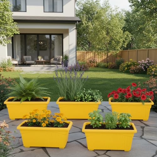 Image of Bianco Rectangular Plastic Pots for Plants, Jupiter Flower Pots for Home, Window Display, Garden (35 x 18.5 x 15 cm) (Yellow) (Pack of 5)