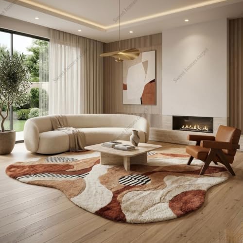 Image of SWEET HOMES Handwoven Shaggy Abstract Area Rug | Ultra Soft Plush Irregular Carpet, 10 x 12 Feet (305 x 366 cm), Brown Ivory