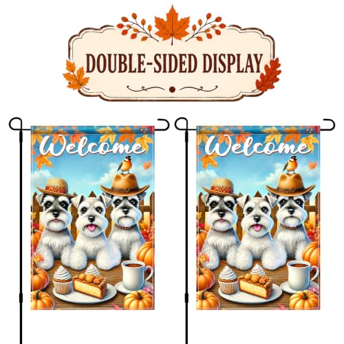 Image of BlissYard Fall Garden Flag Schnauzer Dogs Welcome Pumpkin 12x18 Inch Decor | Double sided polyester, fall Schnauzer dogs design, cozy dog lover decor for porch and yard