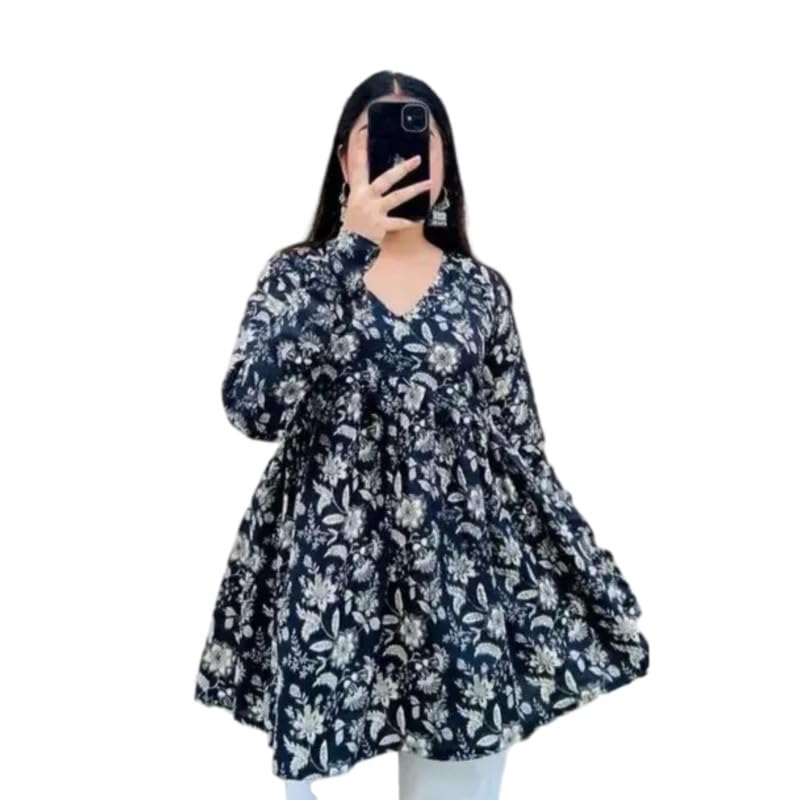 Image of Women's Floral Printed V-Neck Waist Length Full Sleeves Short Kurti Top