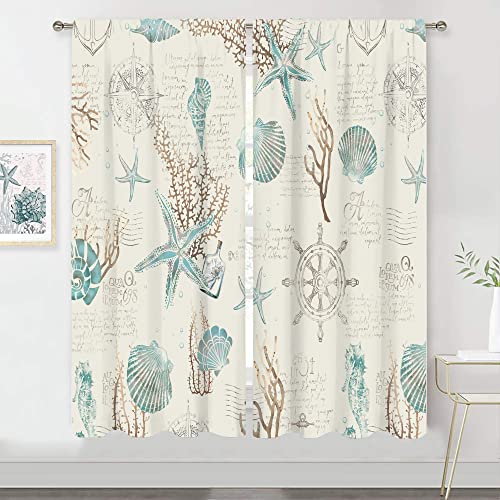 Meshelly Starfish And Seashells Curtains 42Wx63H Inch Rod Pocket Coral Nautical Coastal Vintage Anchor Sea Horse Ocean Beach Bedroom Window Drapes Printed Living Room Window Treatment Fabric 2 Panels #TOP14
