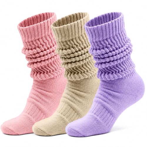 AMELLE Womens Slouch Socks 3 Pairs Assorted Extra Wide Breathable Cushioned Socks with Arch Support Soft Knee High Scrunch Stacked Loose Fit Socks for Walking Casual Everyday Wear (Beige/Lilac/Pink)