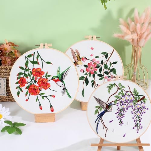 Image of Ohcol 3 Sets Hummingbird Embroidery Kit for Beginners Needlepoint Kits for Adults Cross Stitch Kits with Clear Instructions,Easy Funny Stamped Bird Patterns Fabric Hand Crafts