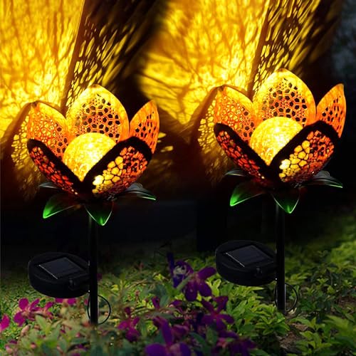 Lot de 2 lampes solaires d'extérieur en forme de tulipe en verre craquelé pour décoration de pelouse, lampe LED en forme de pétale creux pour terrasse,...