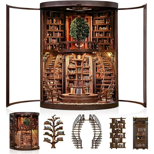 Book Nook Kit für Erwachsene - CRIOLPO DIY Miniatur Haus Holzpuzzle 3D Puppenhaus - Buchstütze für Bücherregal Deko mit Led Licht Kreatives Geschenk für Leser