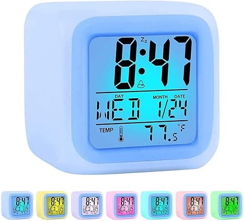 Reloj despertador digital para dormitorio, reloj cúbico de 3 pulgadas con repetición, luz nocturna de 7 colores, visualización de fecha, detección