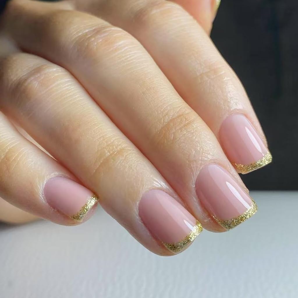 24 Pcs Glossy Glittering French Tips False Nails Full Covers Stick On Nails Short Square Acrylic Nails