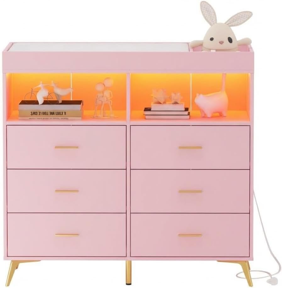 Jojoka Nursery Changing Table Dresser with LED Lighting and Charging Function, 6 Drawer Storage Dresser with 2 Open Compartments, Convertible Baby Diaper Station for Nursery and Bedroom Use
