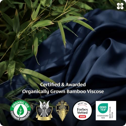 Image of Bedsure 100% Organically Grown Bamboo Viscose Queen Sheet Set | Cooling Bedsheets for Hot Sleepers | Luxury Silky Soft PureWoven | 18 inch Deep Pocket with Corner Straps | Oeko-Tex Certified [Navy]