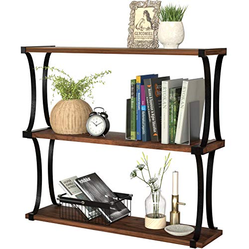 J JACKCUBE DESIGN 3 Tier Wood Floating Shelf, Wall Mounted Wooden Shelves with Curved Metal Brackets for Bedroom, Living Room, Bathroom, Kitchen, Office - MK476C