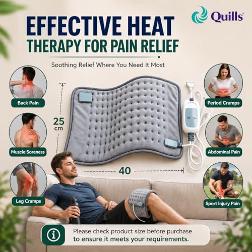 Image of Quills premium Electric Heating Pad for Pain Relief (40cm x 25cm) soft velvet strong strap Heat Pad for Back, Neck, Shoulder, Knee & Cramps - Adjustable Temperature Heat belt for Effective Pain Relief. One year product support.