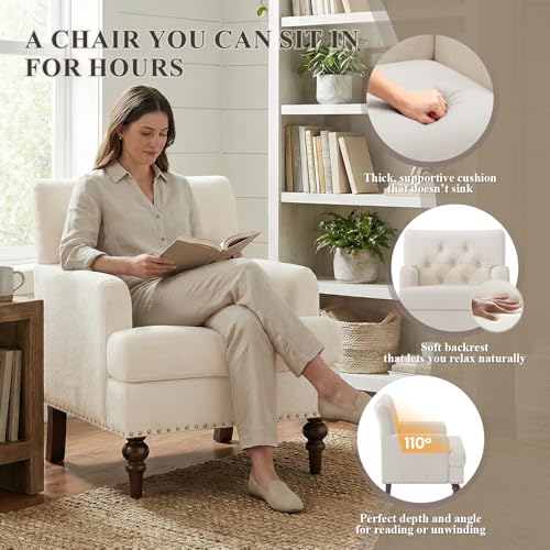 Image of MALOL Upholstered Accent Chair, Mid Century Modern Living Room Bedroom Reading Chair with Thick Cushion & Solid Rubberwood Legs, Comfy Armchair for Small Spaces, Beige