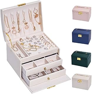 hombrima 3 Layers Travel Jewelry Box, Jewelry Storage Organizer Cases with 2 Drawers and Lock for Womens Necklace Earrings Rings Bracelet(White)