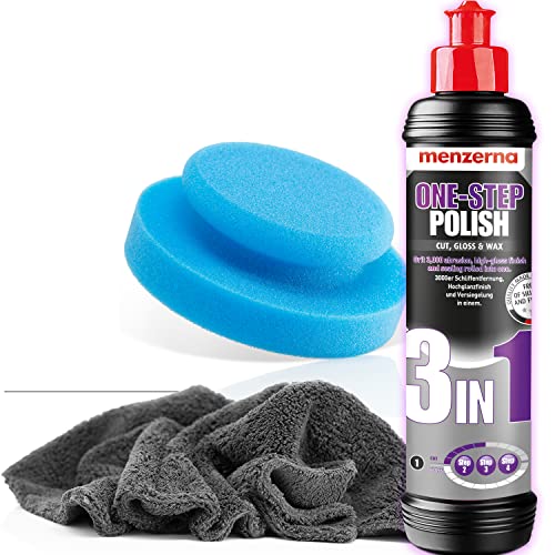 detailmate Kit de polissage à la main pour voiture – Menzerna Medium Cut Polish One Step Polish 3 en 1, 250 ml + éponge de polissage Ø 130 mm + chiffon de...