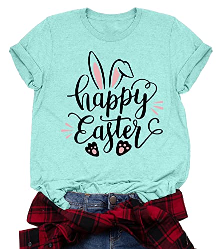 Image of Women Happy Easter T Shirt Bunny Rabbit Graphic T-Shirt Funny Letter Printed Shirts Short Sleeve Tops