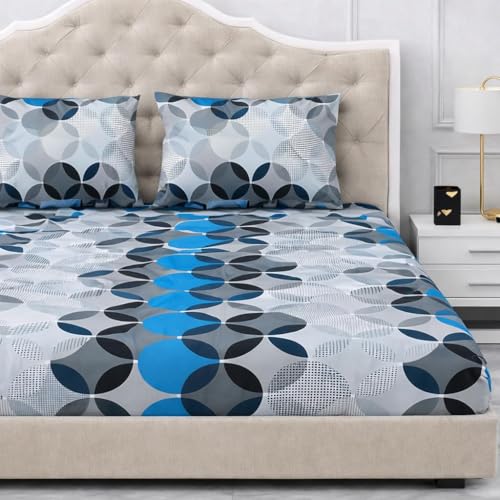 Image of 300 TC Cotton Feel Glace Cotton Elastic Fitted Bedsheet for King Size Double Bed | Fits up to 8 Inch Mattress | Printed Bedsheet with 2 Pillow Covers (Blue&Gray, Queen Size - 60 inchx78 inch)