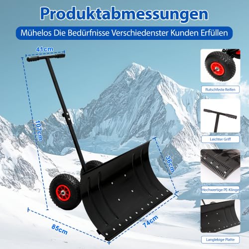Spazzaneve Manuale con Ruote e Costruzione Metallica Resistente - Manico Regolabile per la Rimozione Facile della Neige su Viali di Accesso, Giardini, Prati e Sentieri - Disegno Ergonomico per Uso Dom