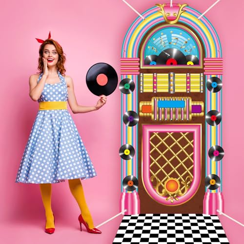 Image of 2Pcs 50s Retro Jukebox Door Cover Back to 1950s Rock Party Drop Decoration 50s Hanging Backdrop with Black White Checkered Runner Rug 1950s Porch Sign Background for Rock Music Retro Birthday Party