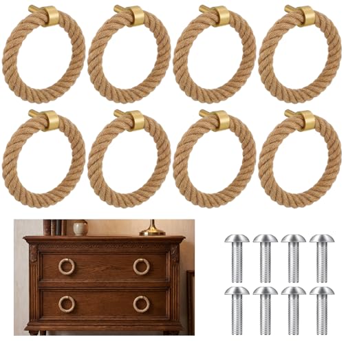 Novabright 8 Pack Rope Drawer Pulls with Brass Knobs Boho Nautical Cabinet Hardware Beach Style Drawer Pulls Coastal Home Decor for Cabinets Dressers & Cupboards