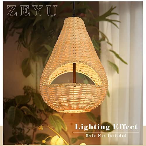 Image of zeyu 2-Light Farmhouse Bamboo Pendant Light, 12.6 Inch Rattan Chandelier Light Fixture, Boho Bird Nest Lamp Shade, ZSL66MIL BK