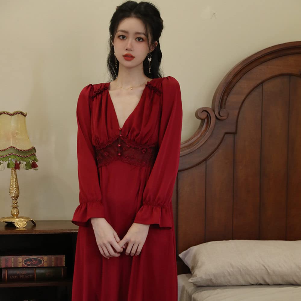 Nachthemd,Damen-Nachthemden, Roter Satin, V-Ausschnitt, Knopf, Spitzennähte, Elegantes Schlafhemd, Weiches, Bequemes, Langärmliges Nachthemd, Loungewear Für Damen, Mädchen, Pyjama-Party, Weihnac