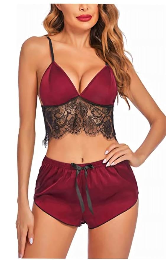 Women's Maroon Lace Lingerie Set with Bralette and Skirt, Two Piece Intimate Apparel-image-9