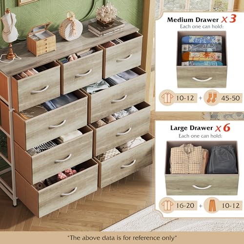 Image of WLIVE 9-Drawer Dresser, Fabric Storage Tower for Bedroom, Hallway, Nursery, Closet, Tall Chest Organizer Unit with Fabric Bins, Steel Frame, Wood Top, Easy Pull Handle, Greige