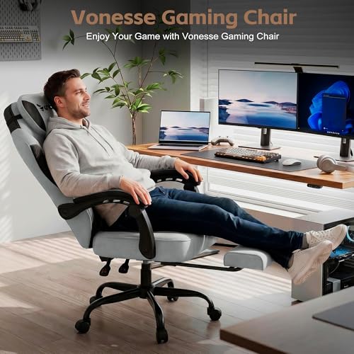 Image of Vonesse Gaming Chair, Office Chair with Linen Breathable Mesh Fabric, Desk Chair with Adjustable Lumbar Support, Executive Computer Chairs with Footrest and Headrest (Light Gray)