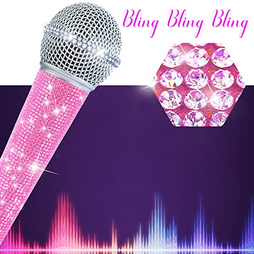 Rb58 Pink Wired Microphone With 3.5M Xlr Cable Connect Singing Machine Karaoke Dj Mixer Speaker System For Adult And Kids, Cardioid Dynamic Vocal Mic Bling Rhinestones Handle And Grille Band With Bag #TOP3