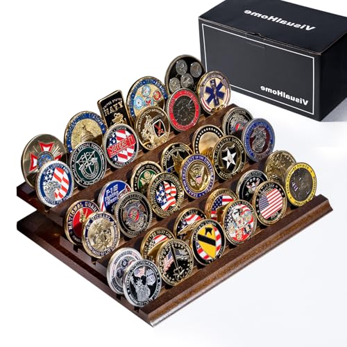 Handmade 3-Tier Challenge Coin Display Case - Holds 40+ Military Coins - Walnut Finish Wooden Holder for Desk Display - Premium Gift for Collectors & Armed Forces (Retirement, Promotion)