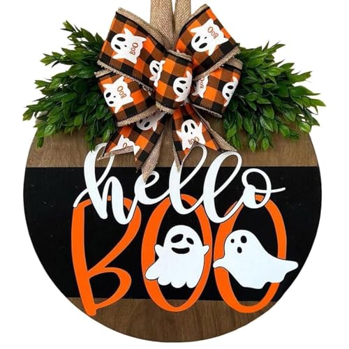 Image of Halloween Wreaths for Front Door Cute Ghost Hanger Sign Decorations Wreath (Hello Boo)