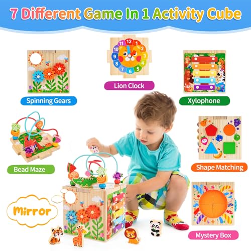 Image of Wooden Activity Cube Toddler Montessori Learning Toys for 1 2 3 Year Old