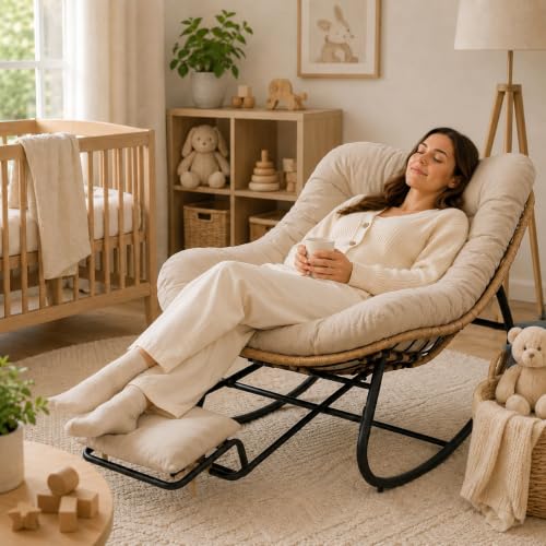 Oversized Rocking Chair with Zero-Gravity Foot Rest & Ottoman, Comfy Lounge Chair for Patio, Porch, Balcony, Indoor Reading Nook, Big Cozy Chaise Chair for Outdoor & Home Use, Beige