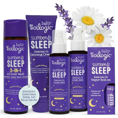 Image of Oilogic Slumber & Sleep Bath Baby Essentials Gift Set - Includes All Over Wash, Calming Cream, Sleep Spray & Roll-On Essential Oils - Pediatrician-Tested Sleep, Comfort & Wellness Blends for Babies
