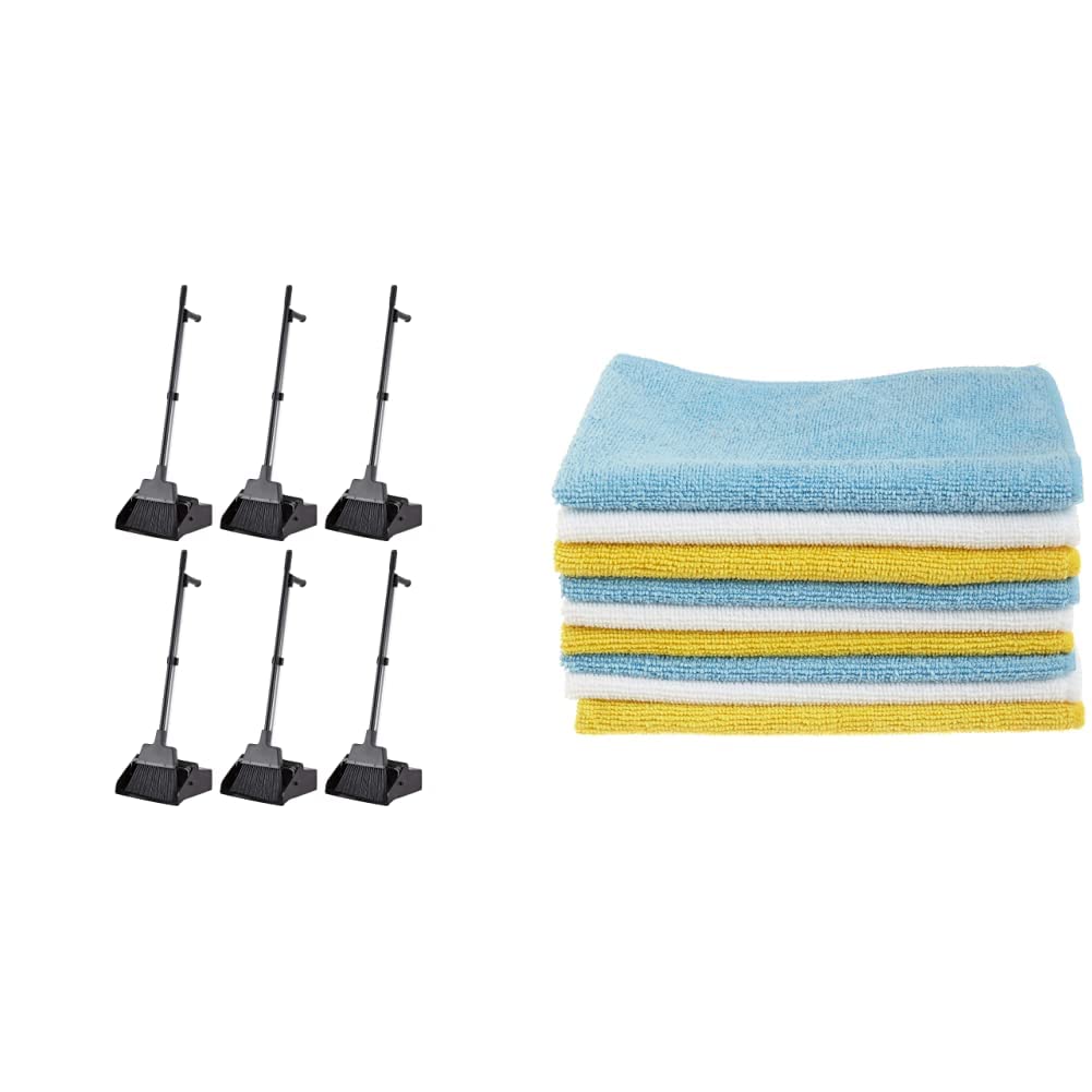 Photo 1 of AmazonCommercial Lobby Dustpan with Broom Set - 6-Pack & Amazon Basics Microfiber Cleaning Cloths, Non-Abrasive, Reusable and Washable - Pack of 24, 12 x16-Inch, Blue, White and Yellow Dustpan with Broom set + Microfiber 6-pack