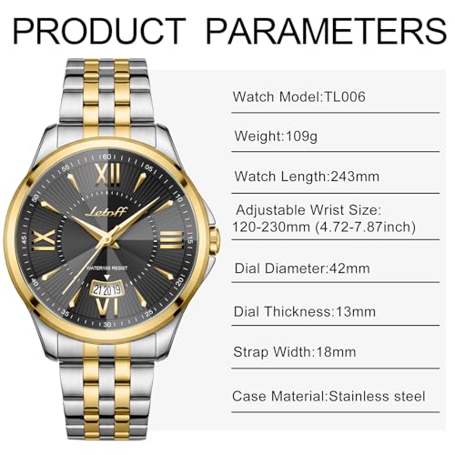 Image of Letoff Men's Analog Watch,Tool-Free Adjustable Clasp, Water Resistant 100ft, Roman Numeral Dial, Stainless Steel Case & Strap, Perfect for Business & Casual Wear