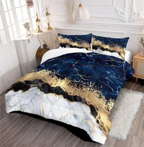 CCoutueChen Navy Blue Gold Marble Comforter Set Queen Size,Metallic Marble Bedding Set for Adult,Abstract Marbling Texture Decor Comforter for Girls,3Pcs Soft Lighweight Comforter,104 * 90