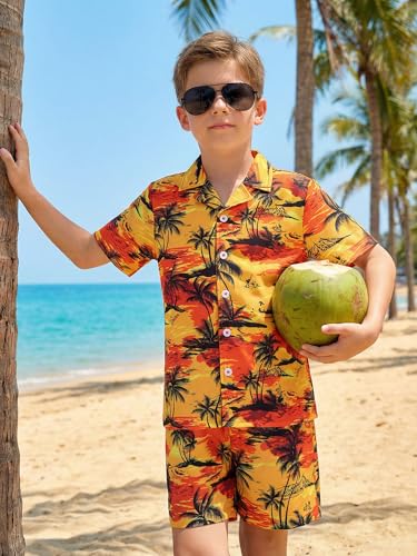 Image of DAXIANG Boys 2 Piece Hawaiian Outfit Summer Button Down Shirt and Pocket Short Sets Beach Vacation Clothes for Kid Size 3-10