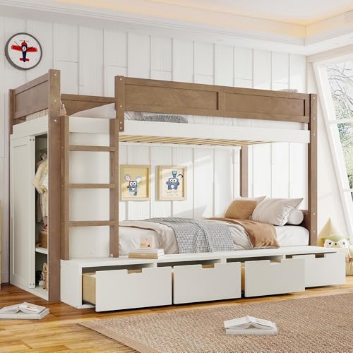 Bellemave Twin Over Twin Bunk Bed with Storage Drawers,Solid Wood Bunk Bed with Built-in Wardrobe,Storage Shelf and Safety Guardrails for Kids Girls Boys,Beige & Natural