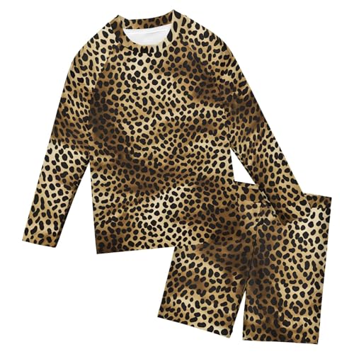 Brown Leopard Boys Rash Guard Swimsuits Set for Boys Long Sleeve Swim Shirts Bathing Suits with Trunks B0402688