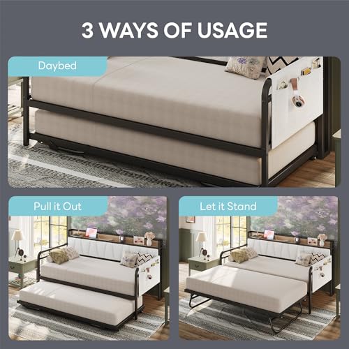 Image of LIKIMIO Twin Daybed, Day Bed with Trundle, Storage Boucle Upholstered Headboard and Charging Station, Trundle Bed with Strong Supports for Living Room, Bedroom, and Guest Room, Cream