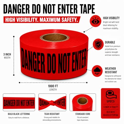 Image of ATERET Premium Danger Do Not Enter Tape 2-Pack 3 inch x 1000 feet, Hazard Safety Tape, Construction Tape for Danger /Hazardous Area, Ideal Use for Halloween Decorations, Party, Work-Site