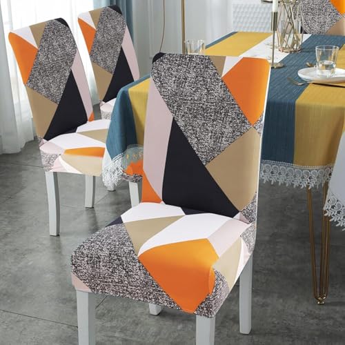 Image of Stretchable Dining Chair Cover - Washable, Removable, Anti-Slip, Protector, Universal Fit (Set of 6, Orange Prism)