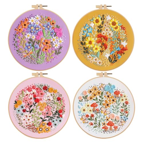 Cross Stitch Kits for Adults 4 Pack,Embroidery Kit with 4 Floral Patterns,Hoop,Thread & Needles,Beginner Cross Stitch Kit,Crafting Kits for Adults,Sewing Prensent Set for Women&Teens (Lush flowers)