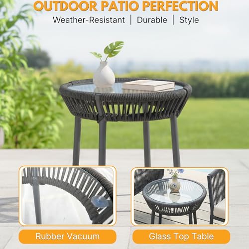 Image of DEVOKO 3 Piece Patio Rope Set Outdoor Woven Rope Conversation Balcony Furniture With Glass Top Table And Cushioned Chairs For Garden (Grey And White), (76 X 89 X 65Cm)