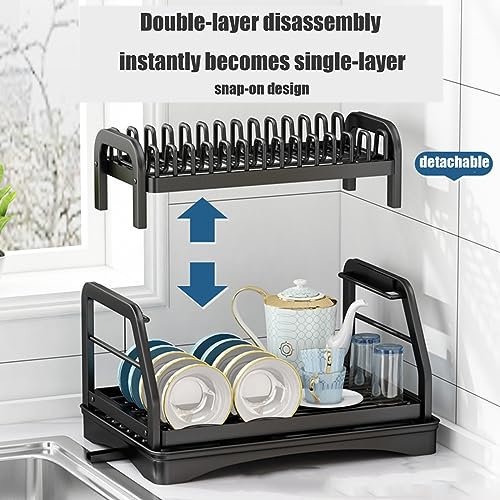 Escurridor de platos de 2 niveles con soporte para cubiertos y bandeja de drenaje. Orga de cocina para un secado eficiente y un almacenamiento elegante, sistema de drenaje automático