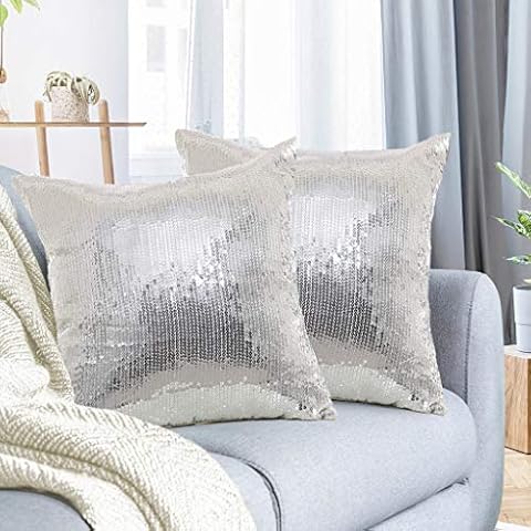 Juya Delight Silver Sequin Throw Pillowcases Sparkle Pillow Cushion Covers for Couch Sofa Home Decor,18x18 inches, set of 2 Cover